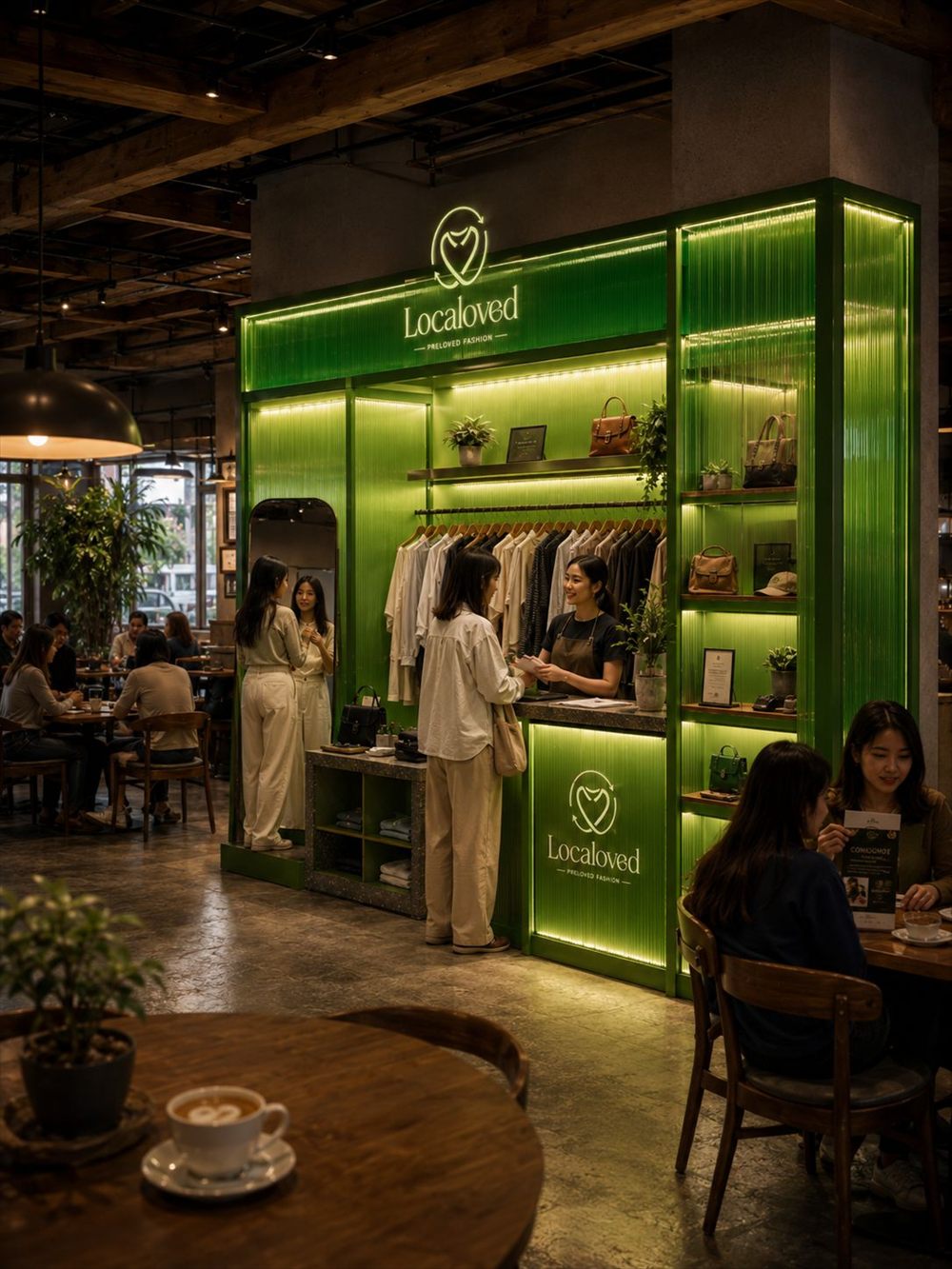Rak preloved Localoved terpajang di sebuah kafe, dengan pembeli dan staf sedang bertransaksi